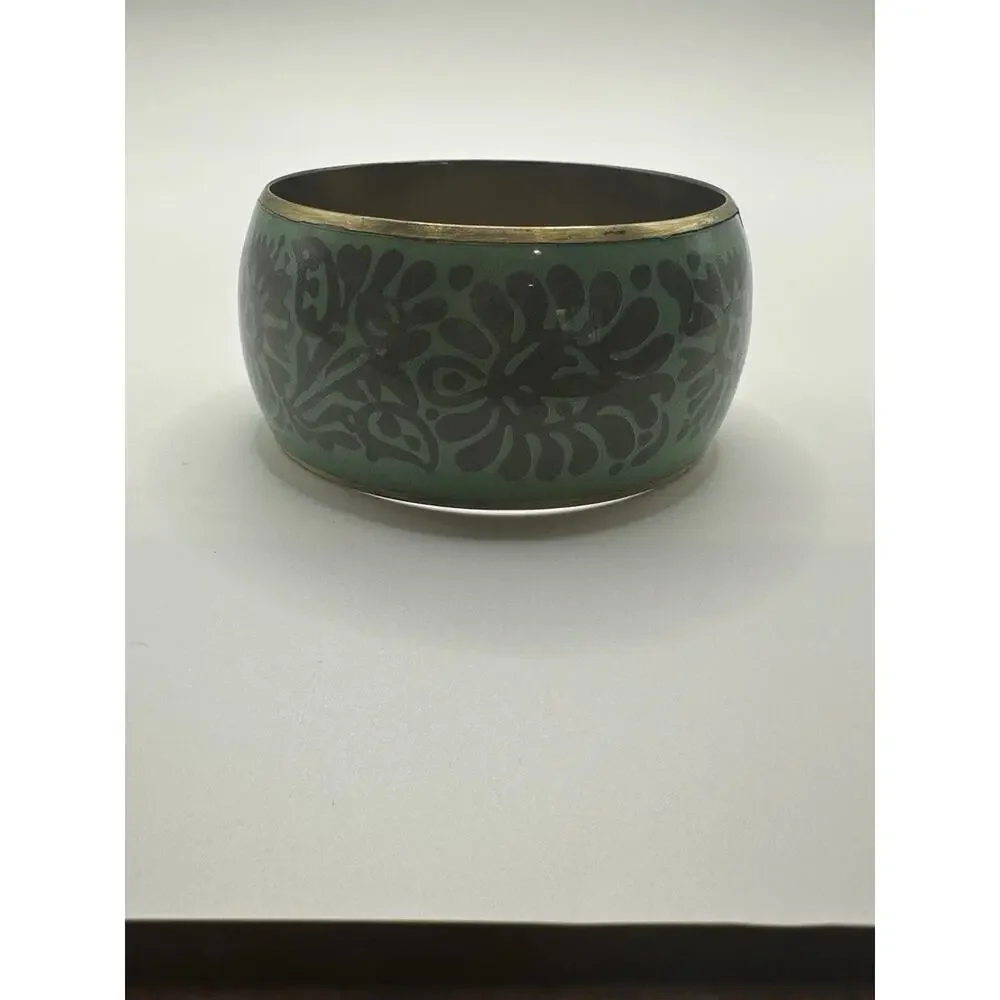 Vintage Floral Green Enamel Brass Bangle Bracelet Size 8